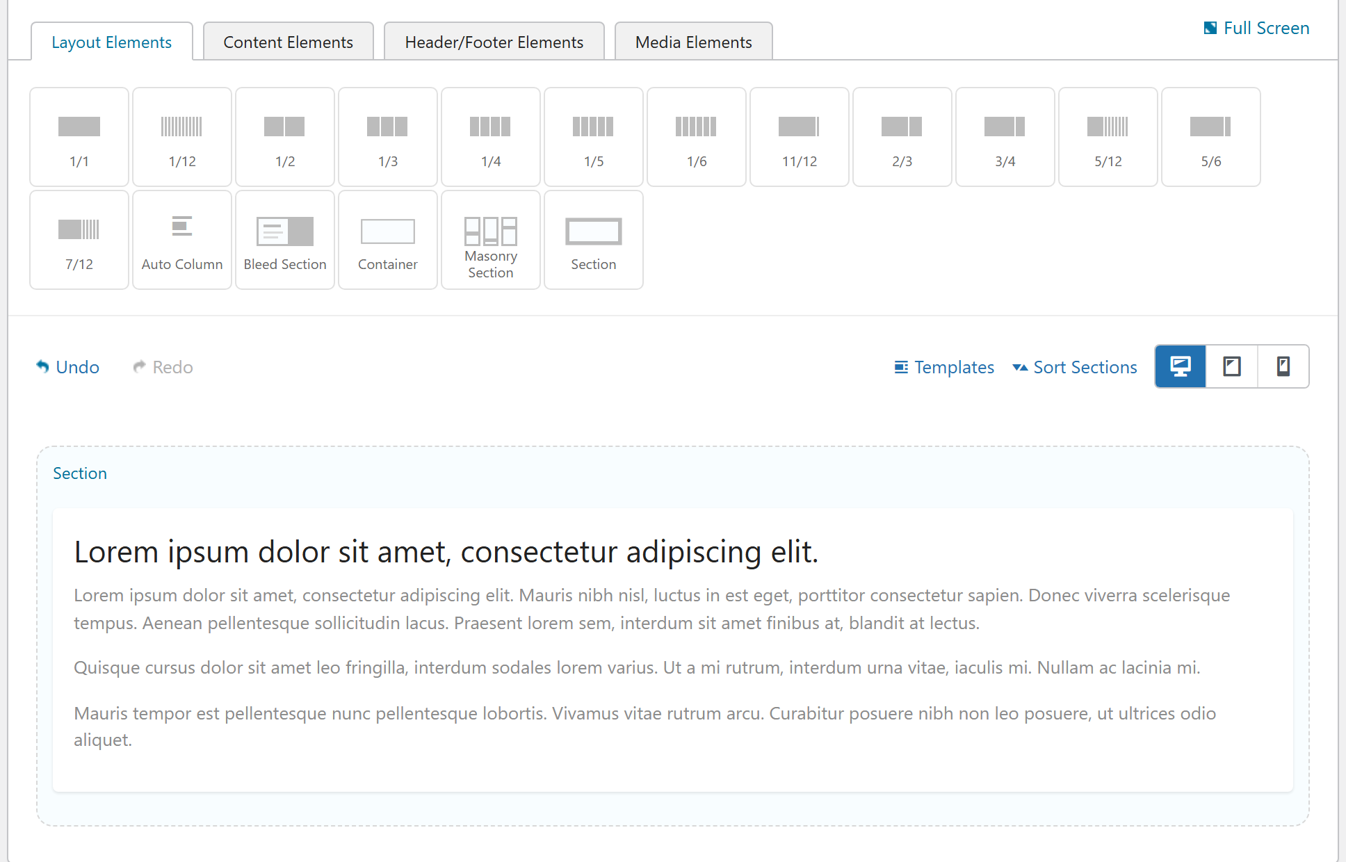 The Page Builder — element palette and a populated section on the canvas