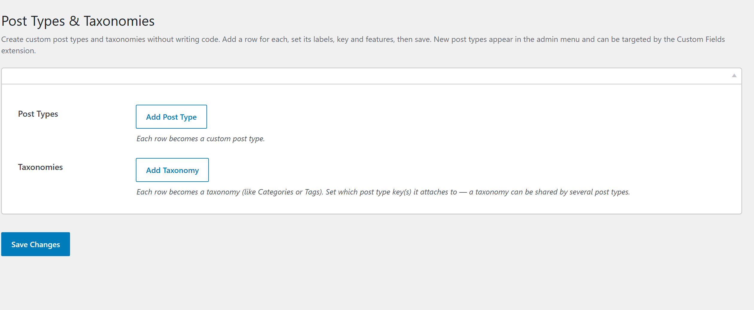The Post Types & Taxonomies admin page