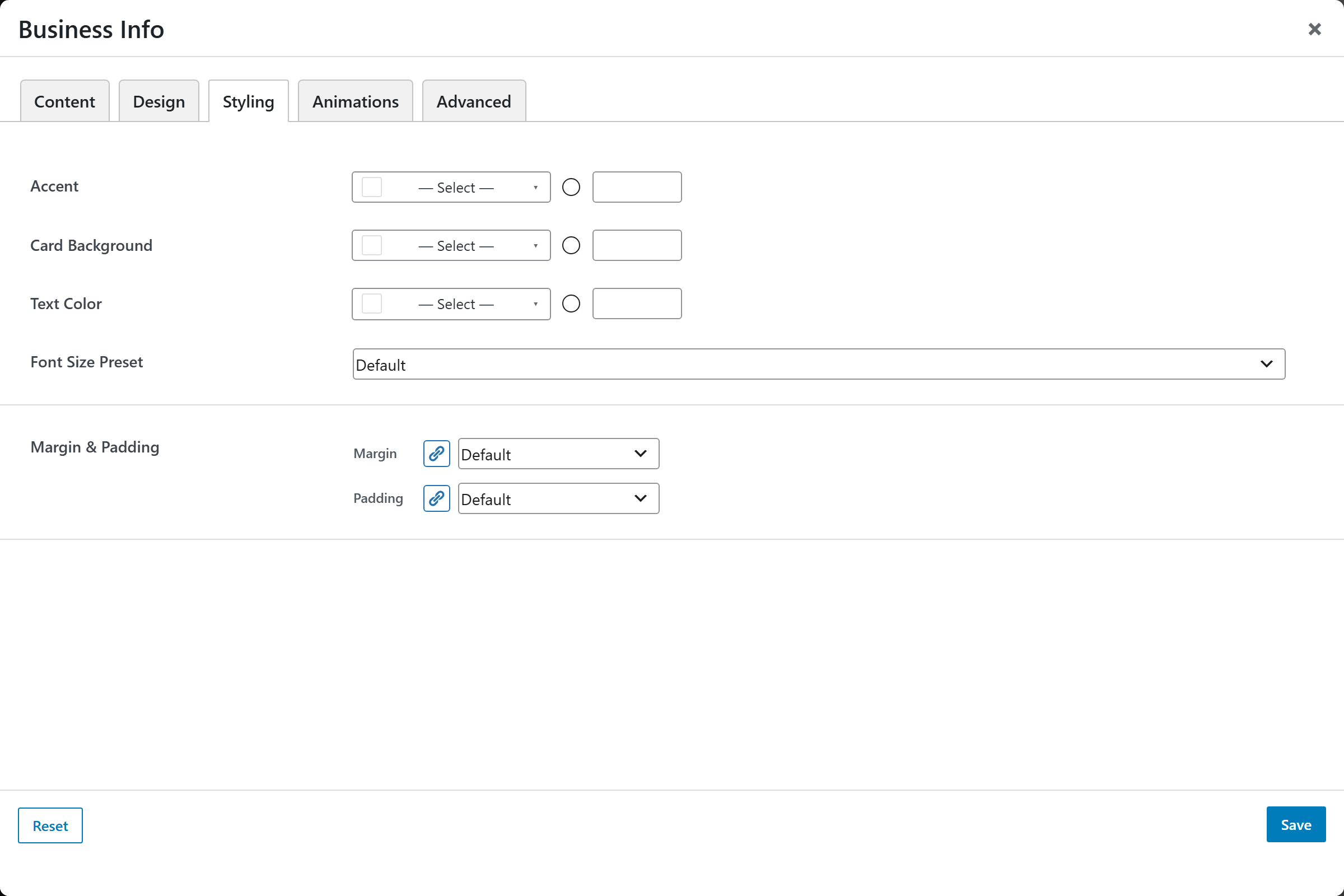 Business Info options panel — Styling tab