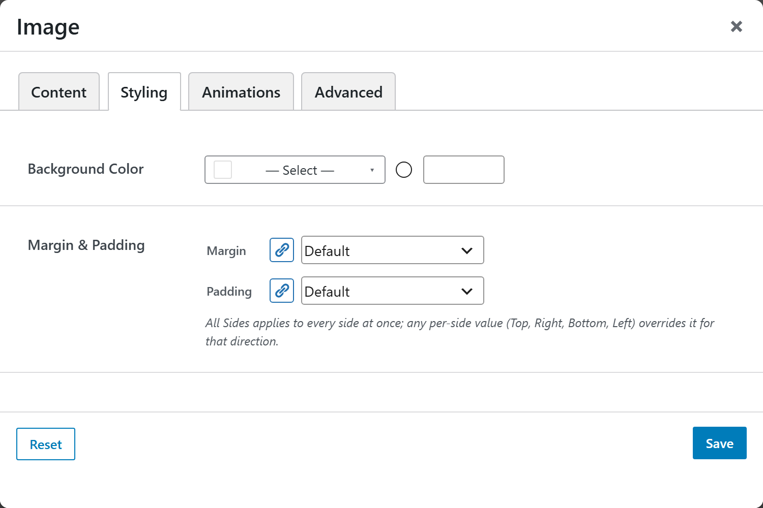 Image options panel — Styling tab