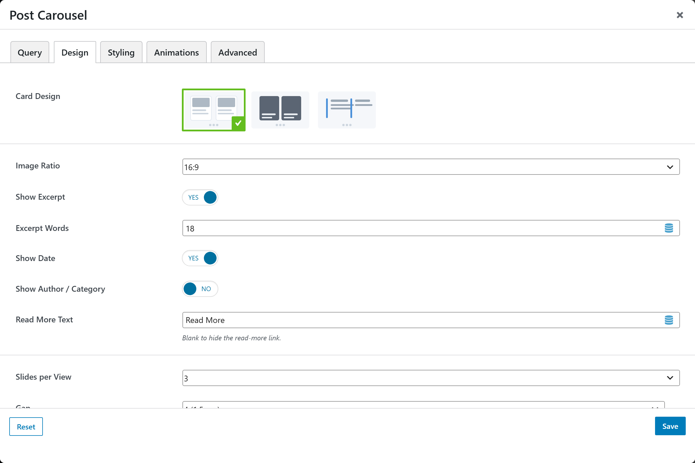 Post Carousel options panel — Design tab
