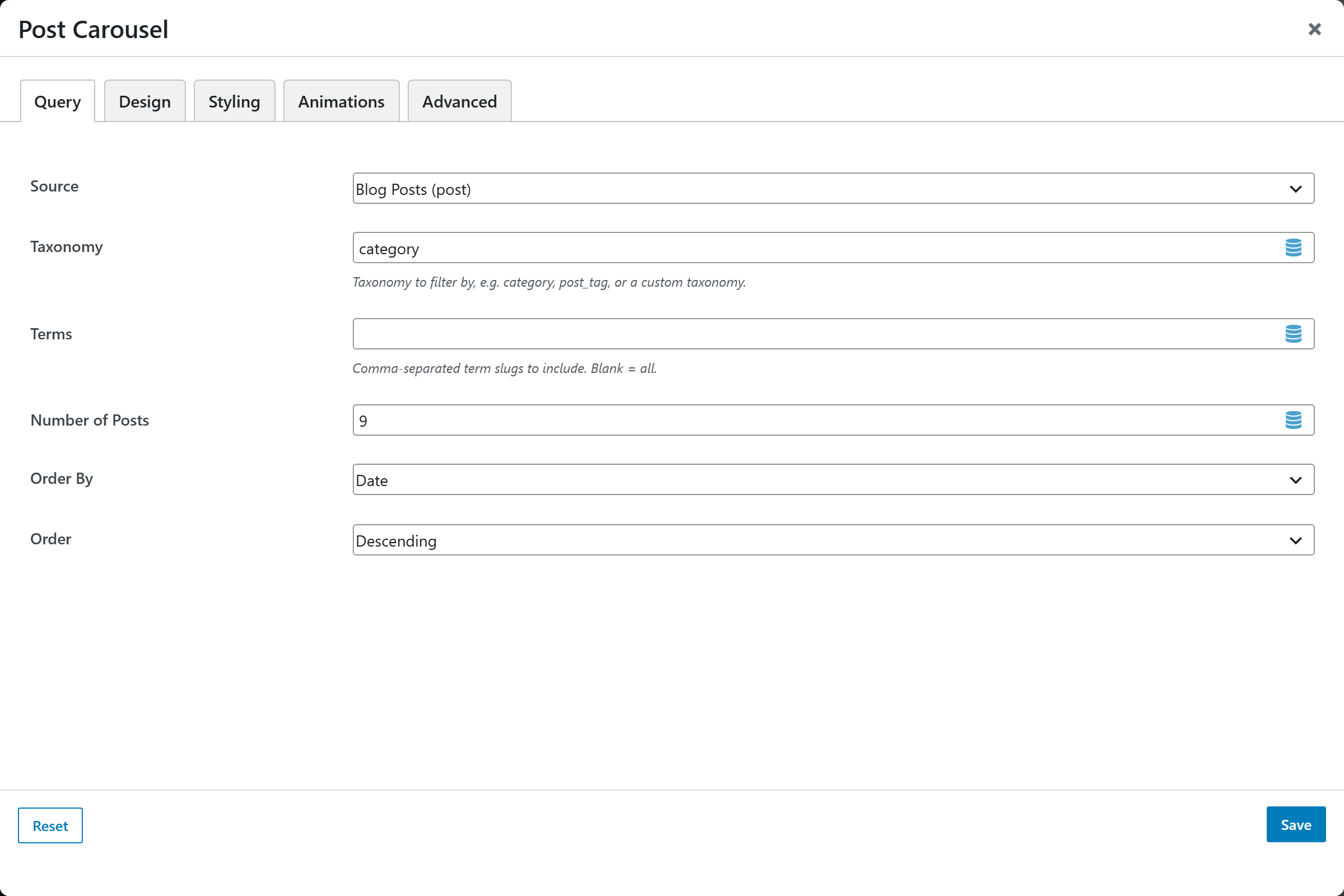 Post Carousel options panel — Query tab
