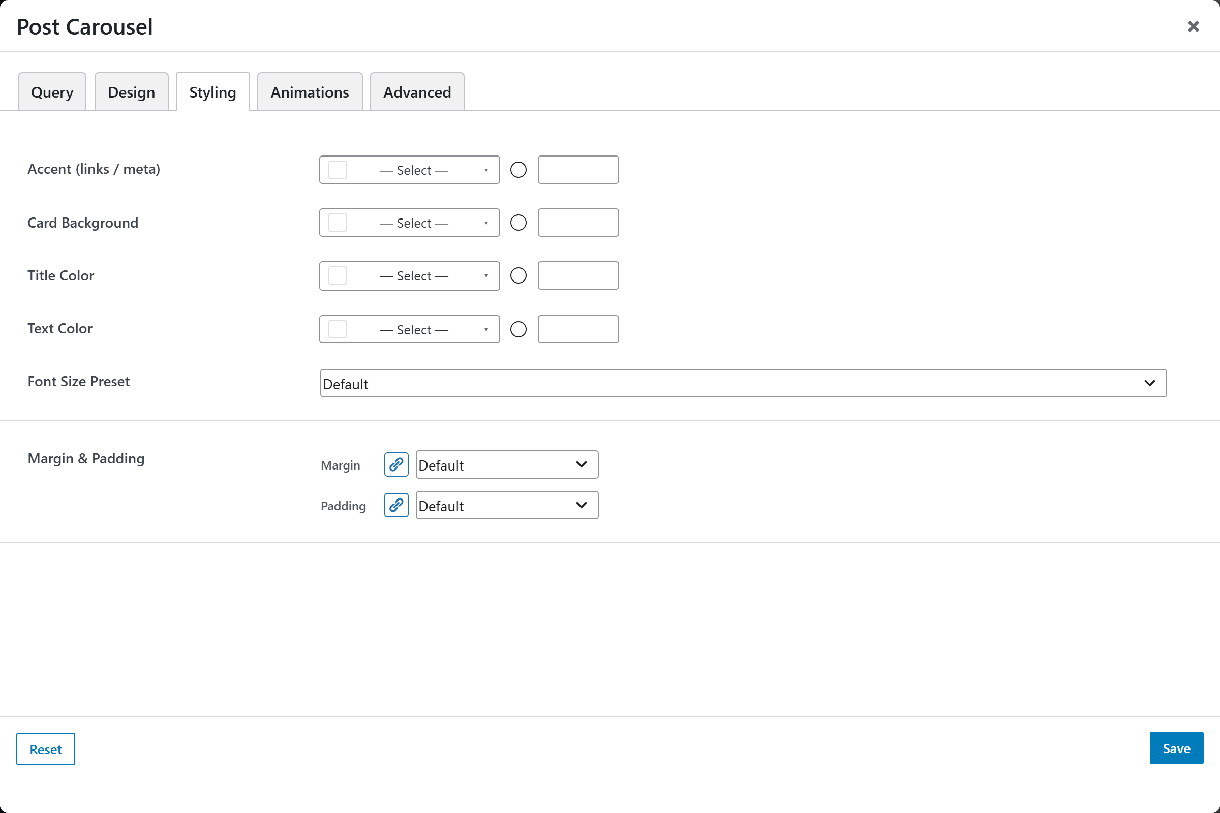 Post Carousel options panel — Styling tab