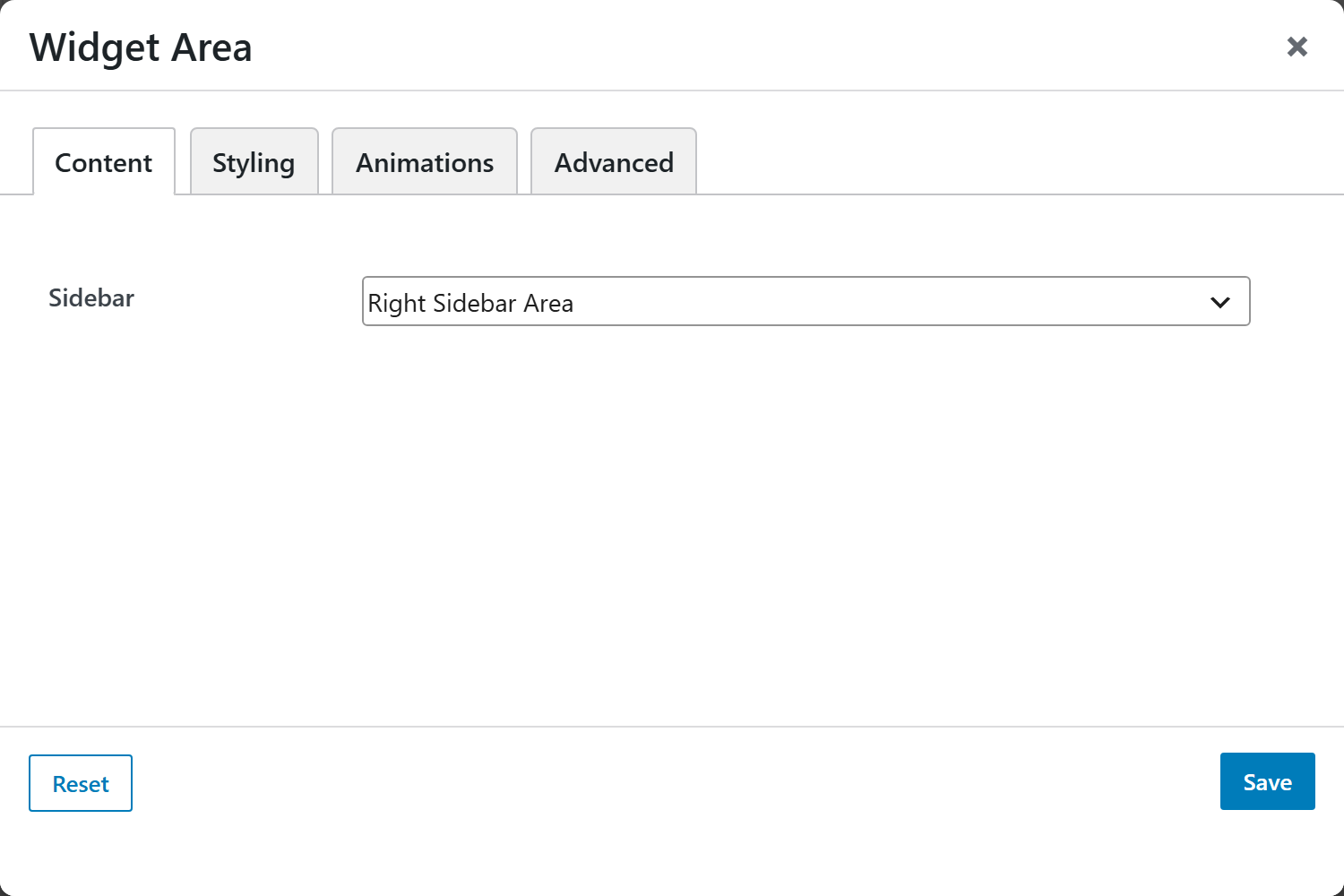 Widget Area options panel — Content tab